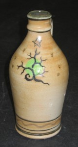 Soda fired spa bottle with small winter tree, moon & stars.